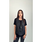 Lucky Life Kadın Kısa Kollu Yuvarlak Yaka Viskon Bluz + Kolsuz Fermuarlı çatlak Deri Yelek