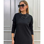 Lucky Life Kadın Uzun Kollu Bisiklet Yaka Etek Ucu Deri Dantelli Viskon Iki Iplik Midi Elbise