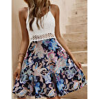 Lucky Life Kadın Askılı V Yakalı üst Dantel Alt Süprem Mini Elbise