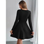 LUCKY LİFE Kadın Uzun Kollu Inci Yakalı Kısa Ithal Krep Elbise