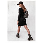 Lucky Life Kadın Siyah Uzun Kollu Bisiklet Yaka Yan Yırtmaç Düğme Detay Kısa Kaşkorse Elbise