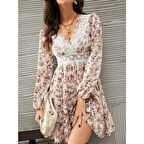 Lucky Life Lucky Life Kadın Uzun Kollu Dantel V Yakalı Mini Desenli Süprem Elbise