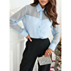 Lucky Life Kadın Uzun Kollu Yakalı önden Düğmeli Tül Detaylı Dokuma Viskon Bluz