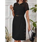 Lucky Life Kadın Kısa Kollu Bisiklet Yaka Dantel Detaylı Düğmeli Modal Elbise