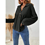 Lucky Life Kadın Uzun Kollu Yakalı Düğmeli Salaş Waffle Bluz