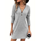 Lucky Life Kadın  Uzun Kollu Yakadan Fermuarlı Kısa şardonlu Kaşkorse Elbise