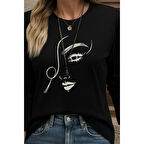 Lucky Life Kadın Uzun Kollu Bisiklet Yaka Yüz Desenli Viskon Bluz