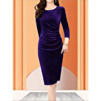 Lucky Life Kadın Uzun Kollu Bot Yaka Yanı Taş Detaylı Midi Kadife Elbise