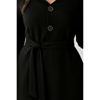 Lucky Life Kadın Uzun Kollu Düğme Detaylı Kendinden Kemerli Ithal Krep Elbise