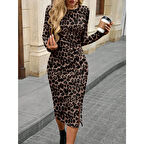 Lucky Life Kadın Uzun Kollu Bisiklet Yaka Leopar Desenli Modal Midi Elbise