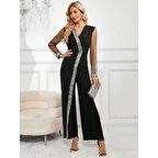 Lucky Life Kadın Uzun V Yakalı önden Pulpayet Detaylı Tüllü Uzun Ithal Krep Tulum