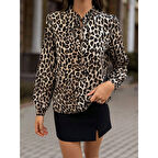 Lucky Life Kadın Uzun Kollu Yakadan Bağcıklı Leopar Desenli Süprem Bluz