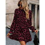 Lucky Life Kadın Uzun Kollu Yakadan Bağcıklı Modal Leopar Desenli Mini Elbise