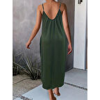 Lucky Life Kadın Ip Askılı Geniş V Yakalı Cepli Viskon Elbise