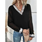 Lucky Life Kadın Uzun Kollu V Pulpayet Yakalı Ithal Krep Bluz