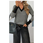 Lucky Life Kadın Uzun Kollu V Yakalı Desenli Süprem Bluz