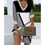 Lucky Life Kadın Fakir Kollu V Dantel Yaka Geometrik Desenli Dalgıç Elbise