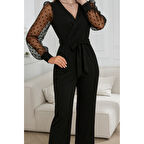 Lucky Life Kadın Uzun Kollu Kolları Tül Detaylı Kruvaze Yakalı Beli Kuşaklı Ithal Krep Tulum