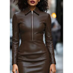 Lucky Life Kadın Uzun Kollu Yakalı Fermuarlı Mini Deri Elbise