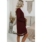 Lucky Life Kadın Uzun Kollu V Yakalı Tül şerit Detaylı Mini Krep Elbise