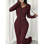 Lucky Life Kadın Uzun Kollu Kapşonlu Bağcıklı önü Fermuarlı Viskon Iki Iplik Bluz Ve Pantolon Ikili Takım