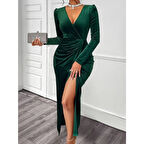 Lucky Life Kadın Uzun Kollu Kruvaze Yaka önünden çapraz Detaylı Uzun Kadife Elbise