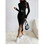 Lucky Life Kadın Uzun Kollu Balıkçı Yaka Yırtmaçlı Düğmeli şardonlu Kaşkorse Elbise