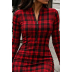 Lucky Life Kadın Uzun Kollu Fermuarlı Ekose Baskılı Dalgıç Elbise