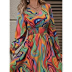 Lucky Life Kadın Uzun Kollu V Yakalı Desenli Maxi Süprem Elbise