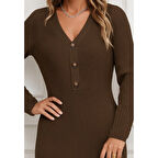 Lucky Life Kadın Uzun Kollu V Yakalı önden Düğmeli Kısa Triko Elbise