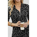 Lucky Life Kadın Uzun Kollu Hakim Yaka Yakadan Fermuarlı Geometrik Desenli Süprem Bluz