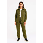 Lucky Life  Kadife Oversize Takım – Gömlek Ve Pantolon İkili Set Füme Corduroy Şıklığı, Rahat Ve Zarif Duruş Yumuşak Dokulu Kadife Kumaş, Düğmeli Gömlek Üst Ve Lastikli Pantolon Alt Parça Ile Gün Boyu Konfor- Haki