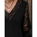 Lucky Life Kadın Uzun Kollu V Dantel Yakalı Viskon Bluz