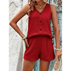 Lucky Life Kadın Askılı Kolsuz V Yakalı önden Düğmeli Bürümcük Bluz Ve Short Ikili Takım