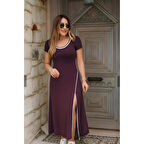 Lucky Life Kadın Kısa Kollu Yuvarlak Yaka Beyaz Yırtmaç Detaylı Viskon Tam Boy Elbise