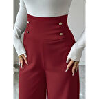 Lucky Life Kadın Yüksek Bel Düğmeli Geniş Paçalı Ithal Krep Pantolon