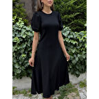 Lucky Life Kadın Kısa Balon Kollu Bisiklet Yaka Geniş Kesim Janjan Krep Elbise