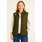 Lucky Life Kadın Şişme FermuarlıYelek Su Itici Kapitone Astarlı Kumaş Cepli Hafif Kışlık Spor Rahat Kalıp - Haki