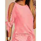 Lucky Life Kadın Kısa Kollu Bisiklet Yaka Yarı Açık Omuz Inci Detaylı Short T-shirt Viskon Ikili Takım