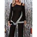 Lucky Life Kadın Tek Omuzdan Açık Uzun Kollu önü Pulpayet Ithal Krep Bluz Ve Pantolon