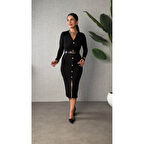 Lucky Life Kadın Uzun Kollu V Yakalı önden Düğmeli Yırtmaçlı Modal Midi Kemersiz Elbise