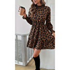 Lucky Life Kadın Uzun Kollu Yarı Balıkçı Yaka Leopar Desenli Modal Mini Elbise