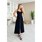 Lucky Life Kadın Askılı Kare Yaka önden Fermuarlı Geniş Kesim Janjan Krep Elbise