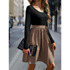 Lucky Life Lucky Life Kadın Uzun Kollu Yuvarlak Yaka üst Viskon Alt Süprem Midi Elbise