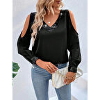 Lucky Life Kadın Uzun Kollu V Yakalı Omuzlardan Açık Sandy Bluz