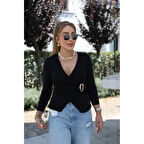 Lucky Life Kadın Uzun Kollu Kruvaze Yakalı Toka Detaylı Viskon Bluz