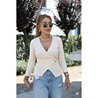 Lucky Life Kadın Uzun Kollu Kruvaze Yakalı Toka Detaylı Viskon Bluz