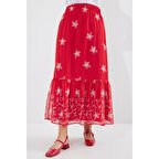 Lucky Life Kadın Desenli Şifon Etek - A.Kırmızı