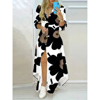 Lucky Life Kadın Yakalı önden Düğmeli çiçek Desenli Uzun Süprem Elbise