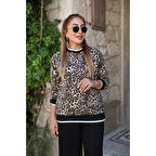 Lucky Life Kadın Uzun Kollu Bisiklet Yaka Leopar Desenli Iki Iplik Bluz Ve Viskon Iki Iplik Pantolon Ikili Takım